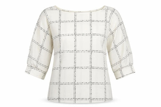 Front view of H&M women’s white geometric polyester basic blouse, size XS, boat neck