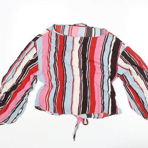 Zara Womens Multicoloured Striped Polyester Basic Blouse Size M Round Neck - Sleeve Slit Detail Belted