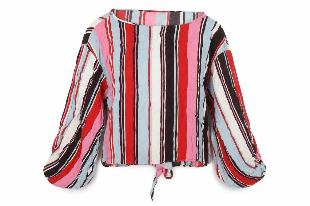 Front view of Zara women’s multicoloured striped polyester basic blouse, size M, round neck - sleeve slit detail belted