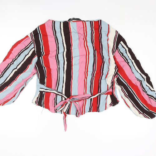 Zara Womens Multicoloured Striped Polyester Basic Blouse Size M Round Neck - Sleeve Slit Detail Belted