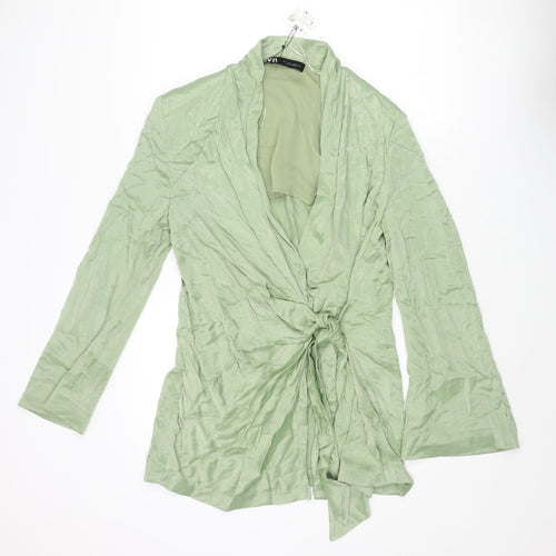 Zara Womens Green Viscose Wrap Dress Size L V-Neck Button