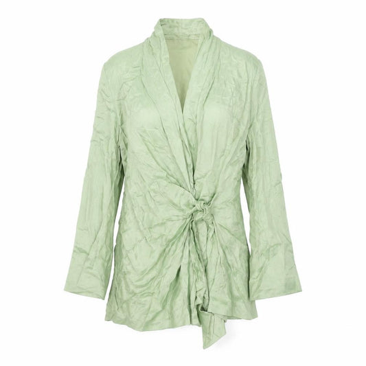 Front view of Zara women’s green viscose wrap dress, size L, v-neck button