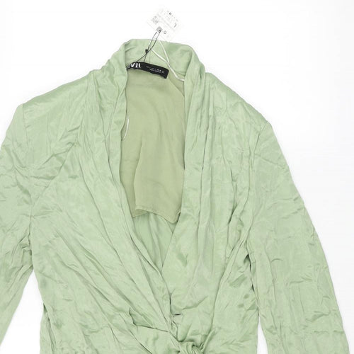 Zara Womens Green Viscose Wrap Dress Size L V-Neck Button