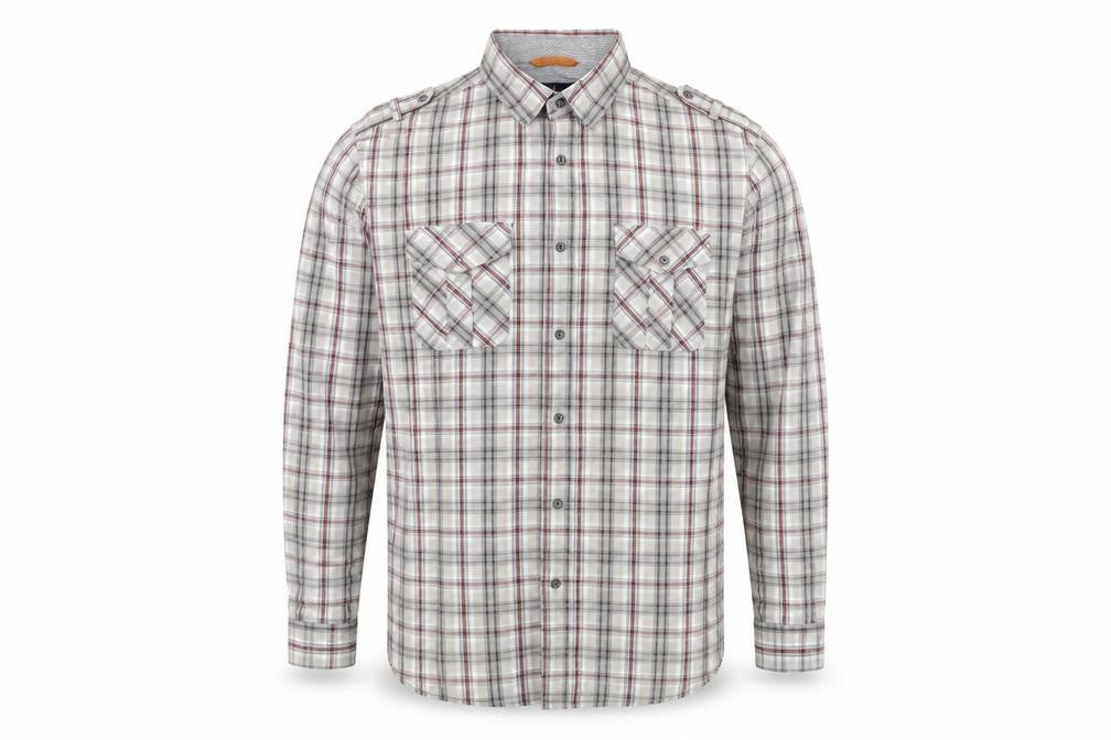 Front view of Debenhams men’s grey check cotton button-up, size XL, collared button
