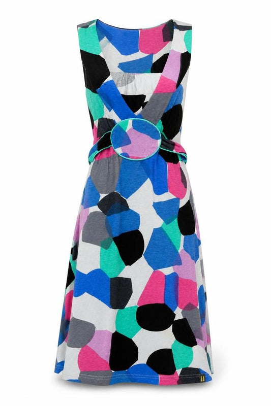 Front view of Numph women’s multicoloured geometric modal a-line, size S, v-neck pullover - belted
