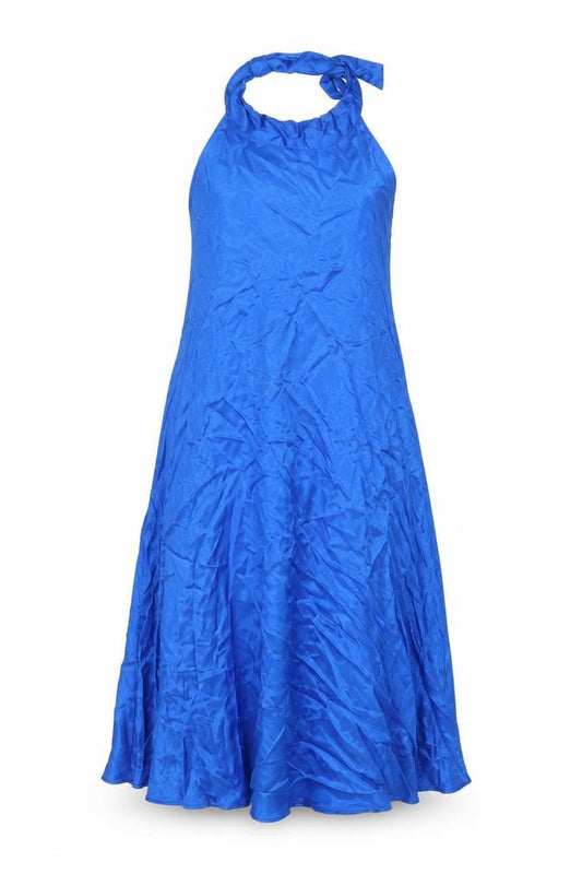 Front view of Zara women’s blue polyester a-line, size M, halter button