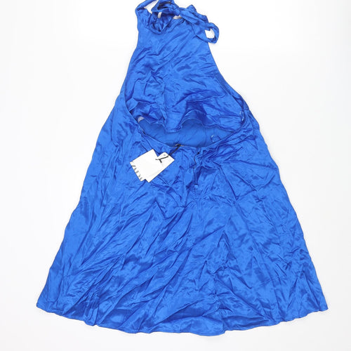Zara Womens Blue Polyester A-Line Size M Halter Button