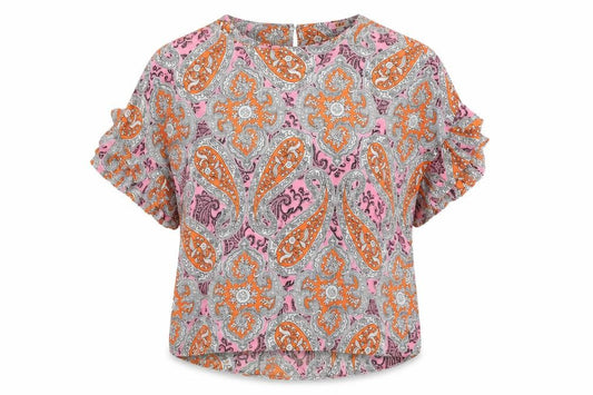 Front view of River Island women’s multicoloured paisley polyester basic blouse, size S, round neck