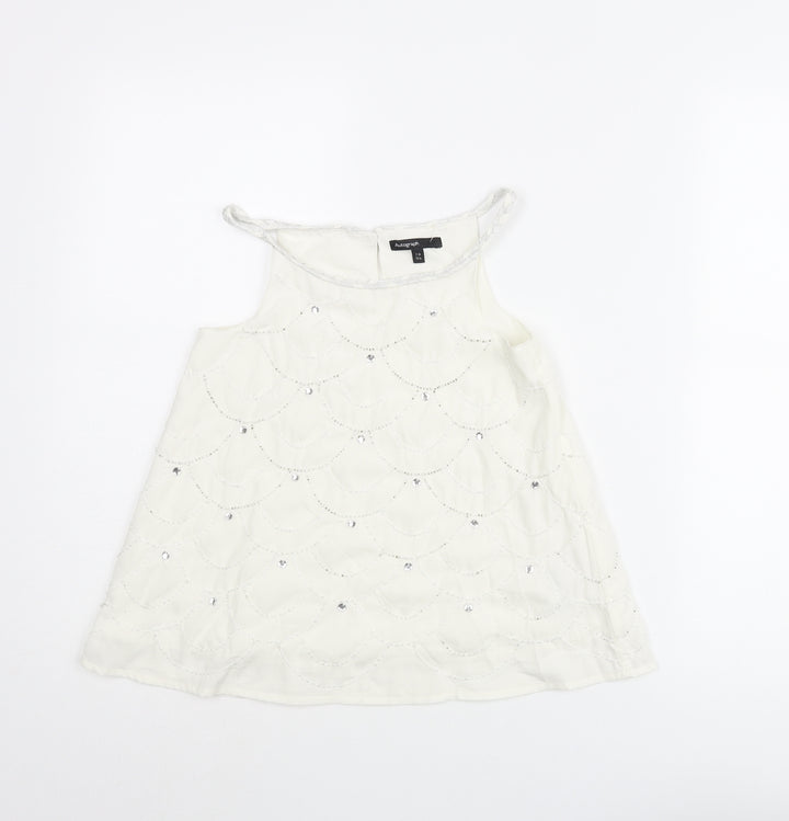 Autograph Girls White Geometric Polyester Camisole Blouse Size 7-8 Years Round Neck Button - Beading