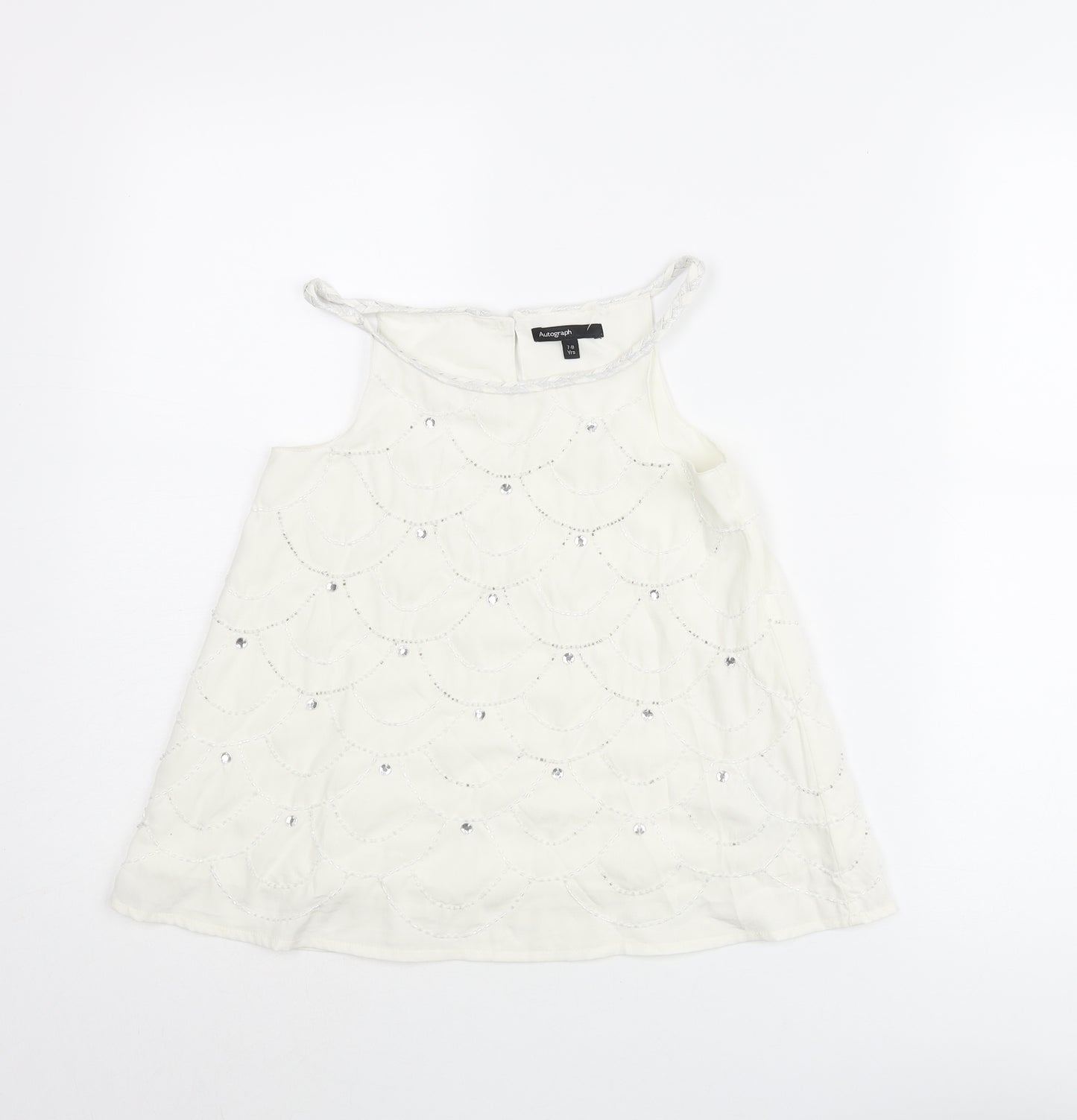 Autograph Girls White Geometric Polyester Camisole Blouse Size 7-8 Years Round Neck Button - Beading