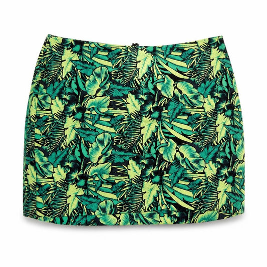 Front view of Divided by H&M women’s green geometric cotton mini skirt, size UK 12, zip - leaf pattern
