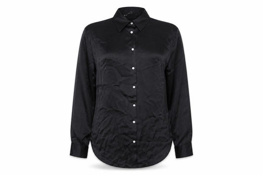 Front view of Zara women’s black polyester basic button-up, size S, collared
