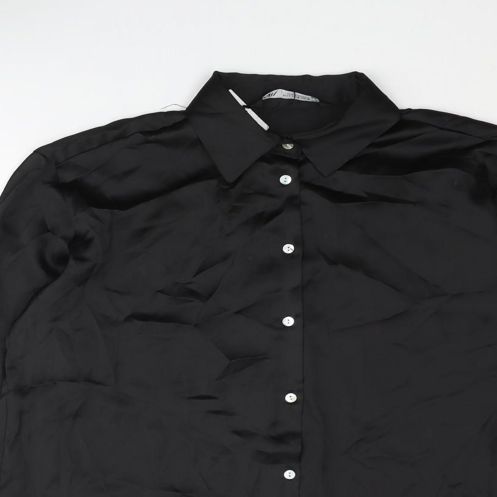 Zara Womens Black Polyester Basic Button-Up Size S Collared