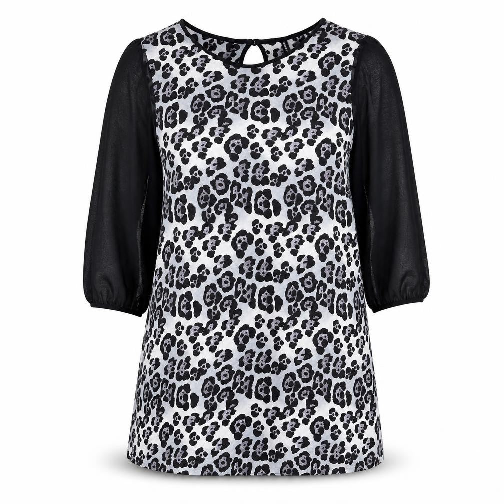 Front view of Next women’s grey animal print polyester shift, size UK 20, round neck button - leopard print