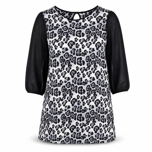 Front view of Next women’s grey animal print polyester shift, size UK 20, round neck button - leopard print