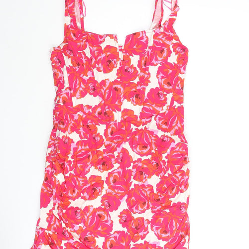 Stradivarius Womens Pink Floral Cotton Mini Size L Square Neck Zip - Corset Bodice Rouched
