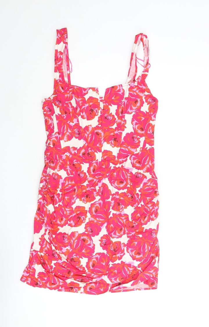 Stradivarius Womens Pink Floral Cotton Mini Size L Square Neck Zip - Corset Bodice Rouched