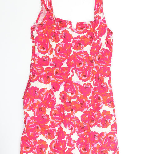Stradivarius Womens Pink Floral Cotton Mini Size L Square Neck Zip - Corset Bodice Rouched