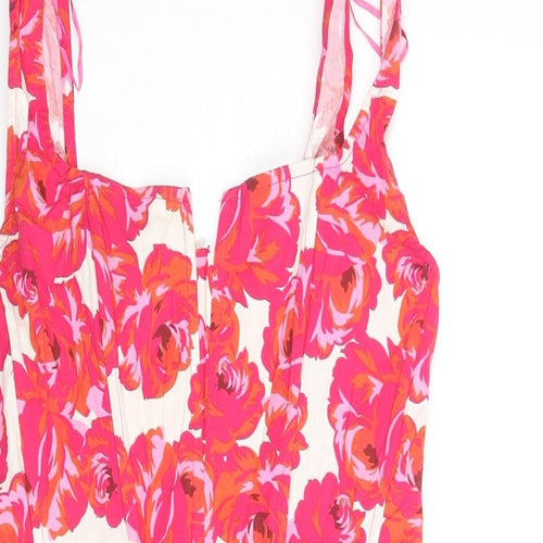 Stradivarius Womens Pink Floral Cotton Mini Size L Square Neck Zip - Corset Bodice Rouched