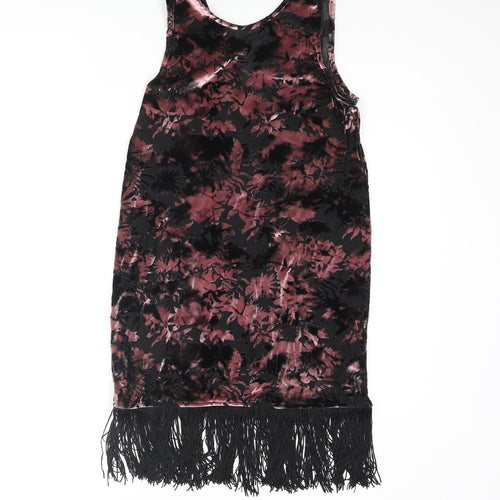 Topshop Womens Pink Floral Polyester Mini Size 8 Round Neck Pullover - Fringe Hem