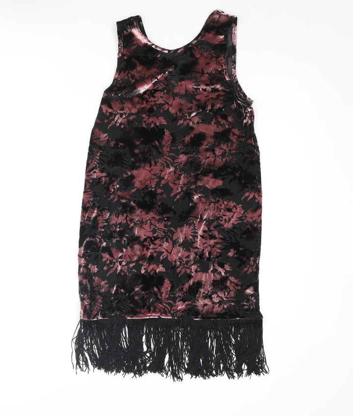 Topshop Womens Pink Floral Polyester Mini Size 8 Round Neck Pullover - Fringe Hem