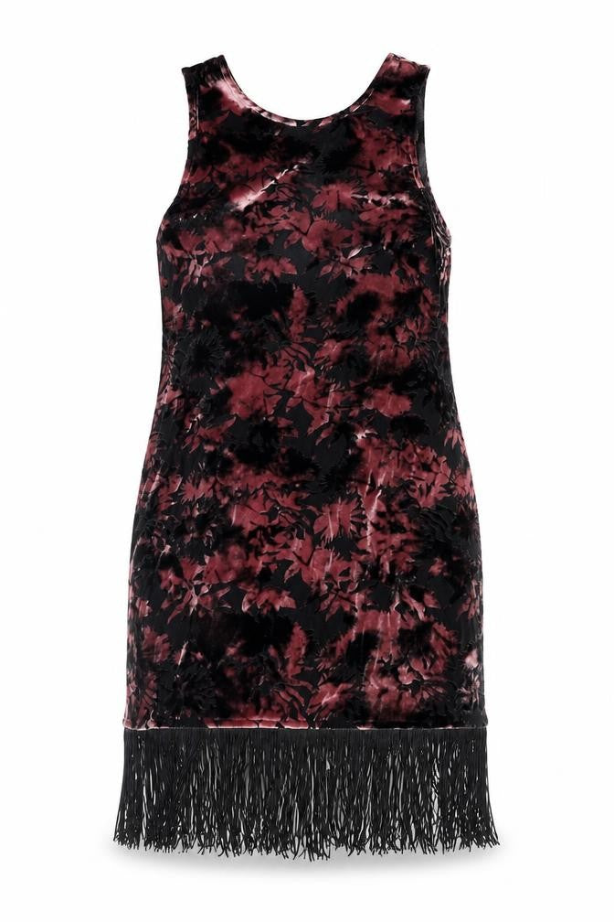 Front view of Topshop women’s pink floral polyester mini, size UK 8, round neck pullover - fringe hem