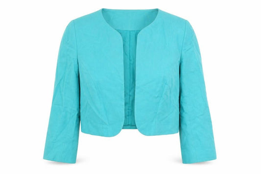 Front view of Monsoon women’s blue jacket, size UK 12