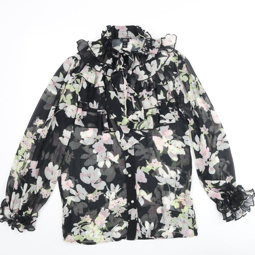 River Island Womens Black Floral Polyester Basic Blouse Size 8 Mock Neck - Frill Bow