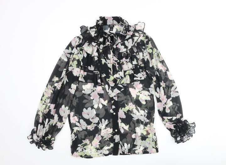 River Island Womens Black Floral Polyester Basic Blouse Size 8 Mock Neck - Frill Bow