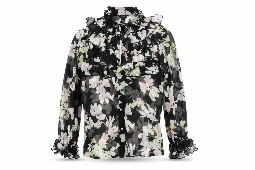 Front view of River Island women’s black floral polyester basic blouse, size UK 8, mock neck - frill bow