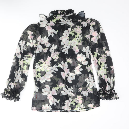 River Island Womens Black Floral Polyester Basic Blouse Size 8 Mock Neck - Frill Bow