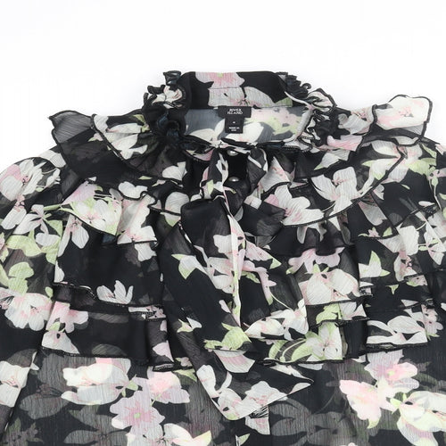 River Island Womens Black Floral Polyester Basic Blouse Size 8 Mock Neck - Frill Bow