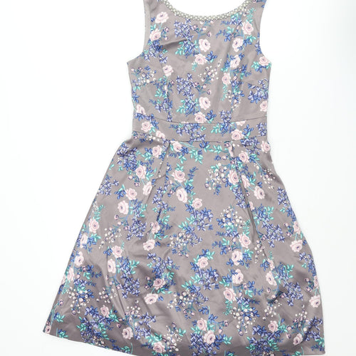 Monsoon Womens Grey Floral Polyester Fit & Flare Size 8 Round Neck Zip - Tulle Underskirt Pearl Neckline Button Detail