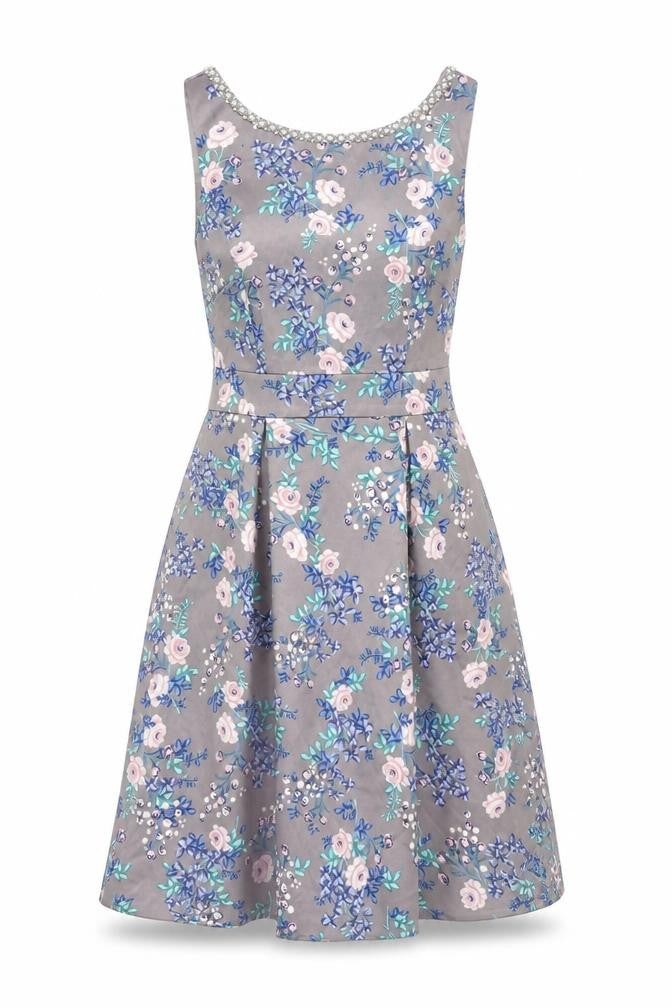 Monsoon Womens Grey Floral Polyester Fit & Flare Size 8 Round Neck Zip - Tulle Underskirt Pearl Neckline Button Detail