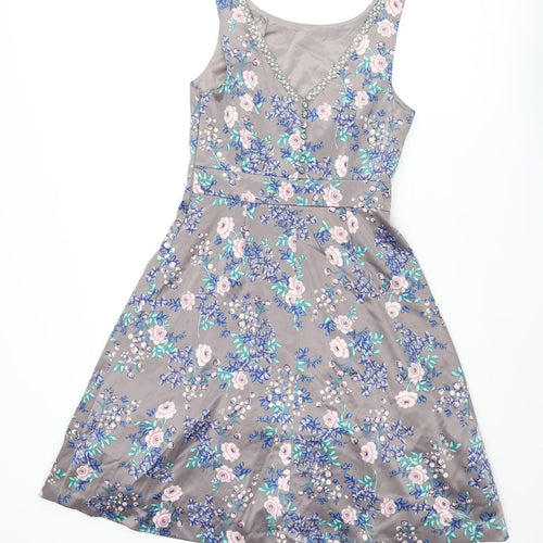 Monsoon Womens Grey Floral Polyester Fit & Flare Size 8 Round Neck Zip - Tulle Underskirt Pearl Neckline Button Detail