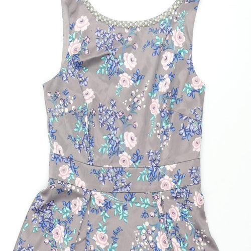 Monsoon Womens Grey Floral Polyester Fit & Flare Size 8 Round Neck Zip - Tulle Underskirt Pearl Neckline Button Detail