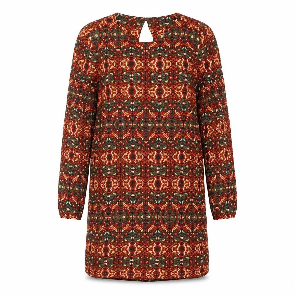 Front view of H&M women’s multicoloured geometric viscose shift, size UK 12, round neck button