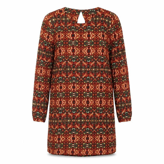 Front view of H&M women’s multicoloured geometric viscose shift, size UK 12, round neck button