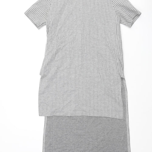 Zara Womens Grey Striped Polyester Tunic Blouse Size S Mock Neck - Hi-Low Hem Side Slits