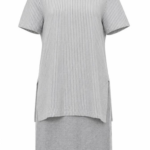 Zara Womens Grey Striped Polyester Tunic Blouse Size S Mock Neck - Hi-Low Hem Side Slits