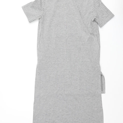 Zara Womens Grey Striped Polyester Tunic Blouse Size S Mock Neck - Hi-Low Hem Side Slits
