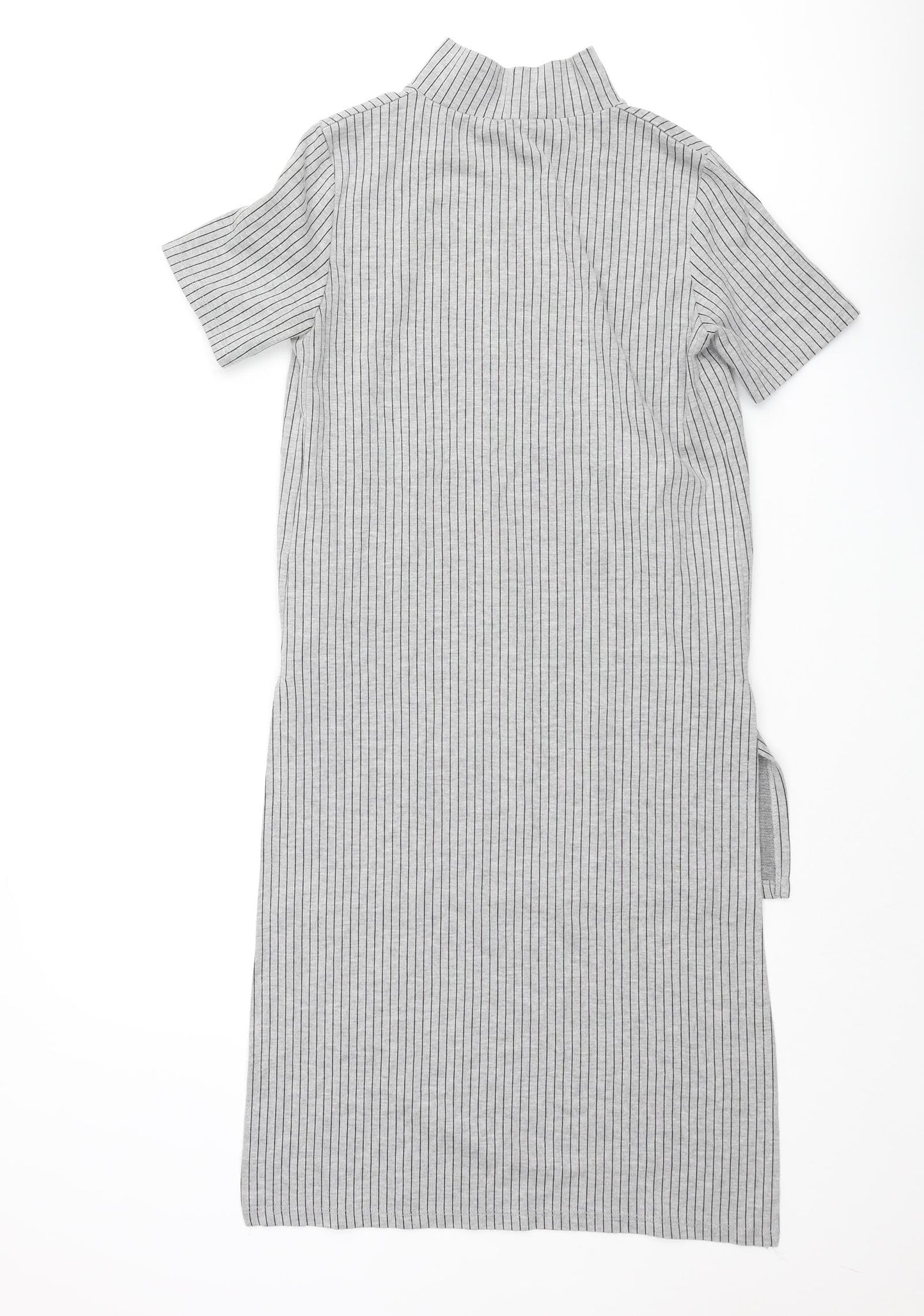 Zara Womens Grey Striped Polyester Tunic Blouse Size S Mock Neck - Hi-Low Hem Side Slits