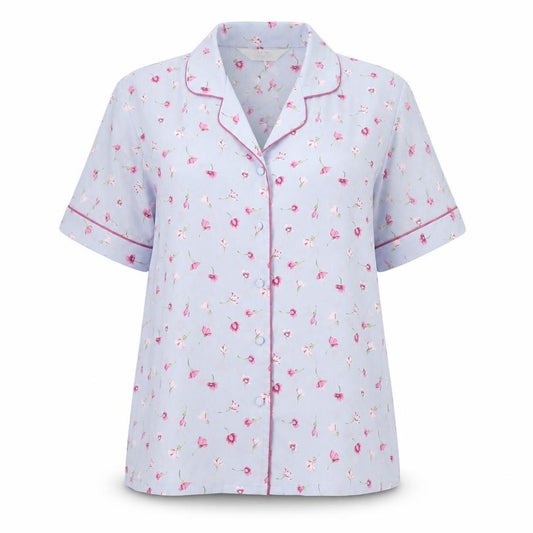 Front view of JFW women’s blue floral polyester top pyjama top, size UK 10, button