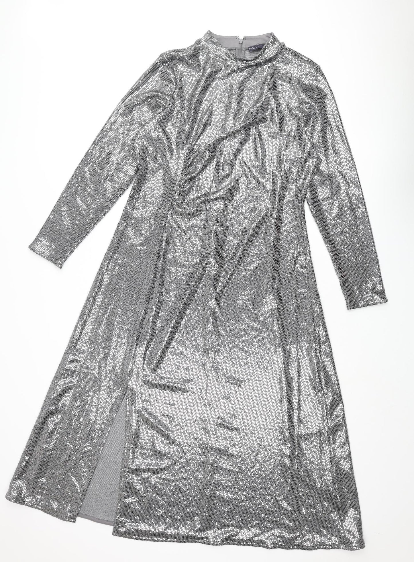 Marks and Spencer Womens Silver Polyamide Maxi Size 16 Mock Neck Zip - Side Slit