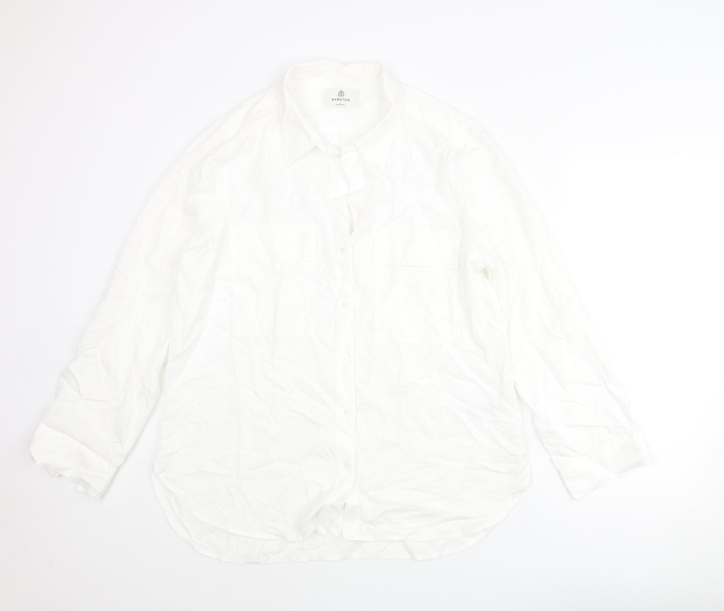 Babaton Mens White Lyocell Button-Up Size L Collared Button