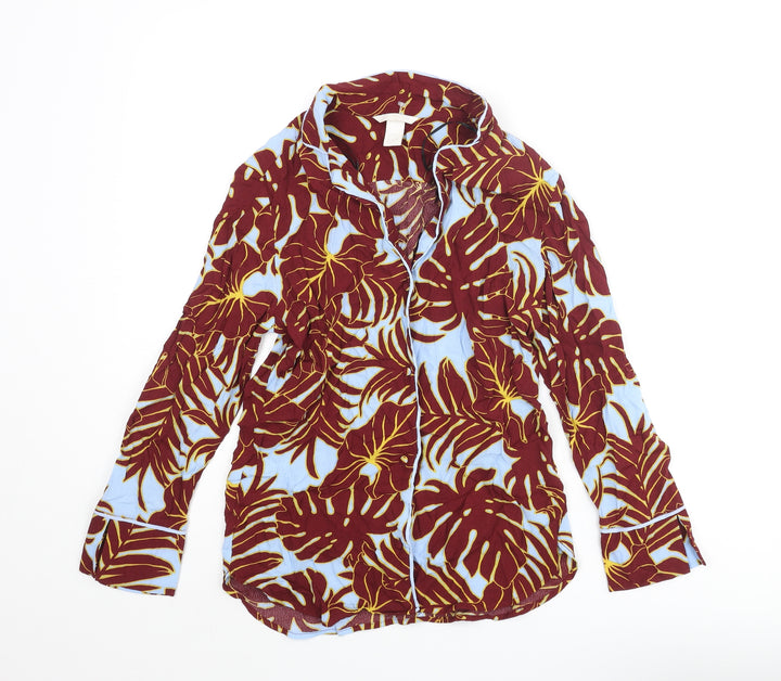 H&M Womens Red Geometric Viscose Basic Button-Up Size 4 Collared - Leaf Pattern