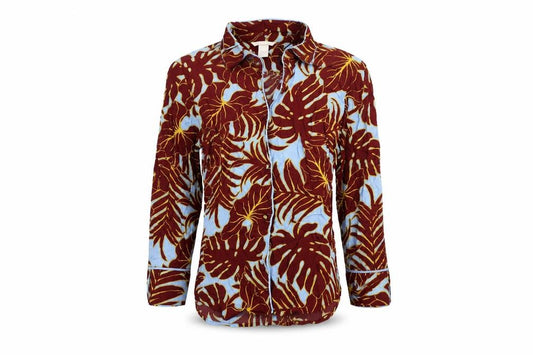 Front view of H&M women’s red geometric viscose basic button-up, size UK 4, collared - leaf pattern