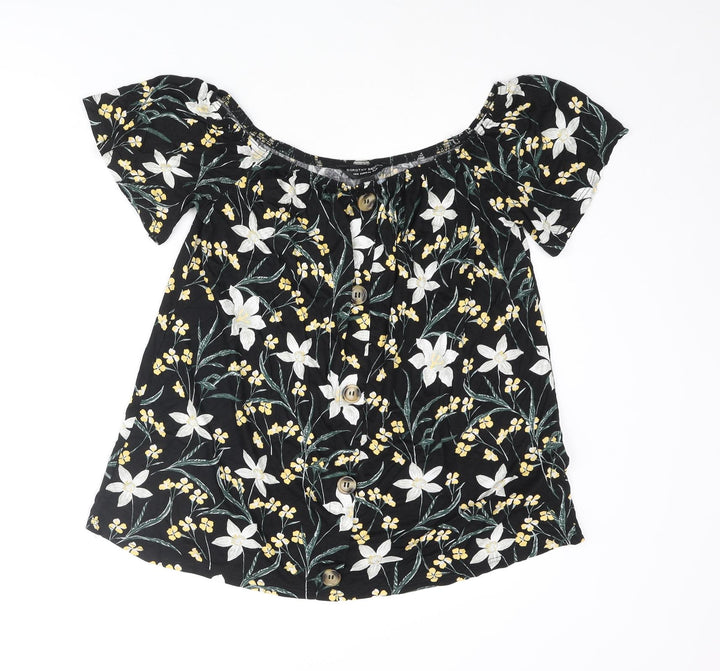 Dorothy Perkins Womens Black Floral Viscose Basic Blouse Size 12 Collared - Button Detail
