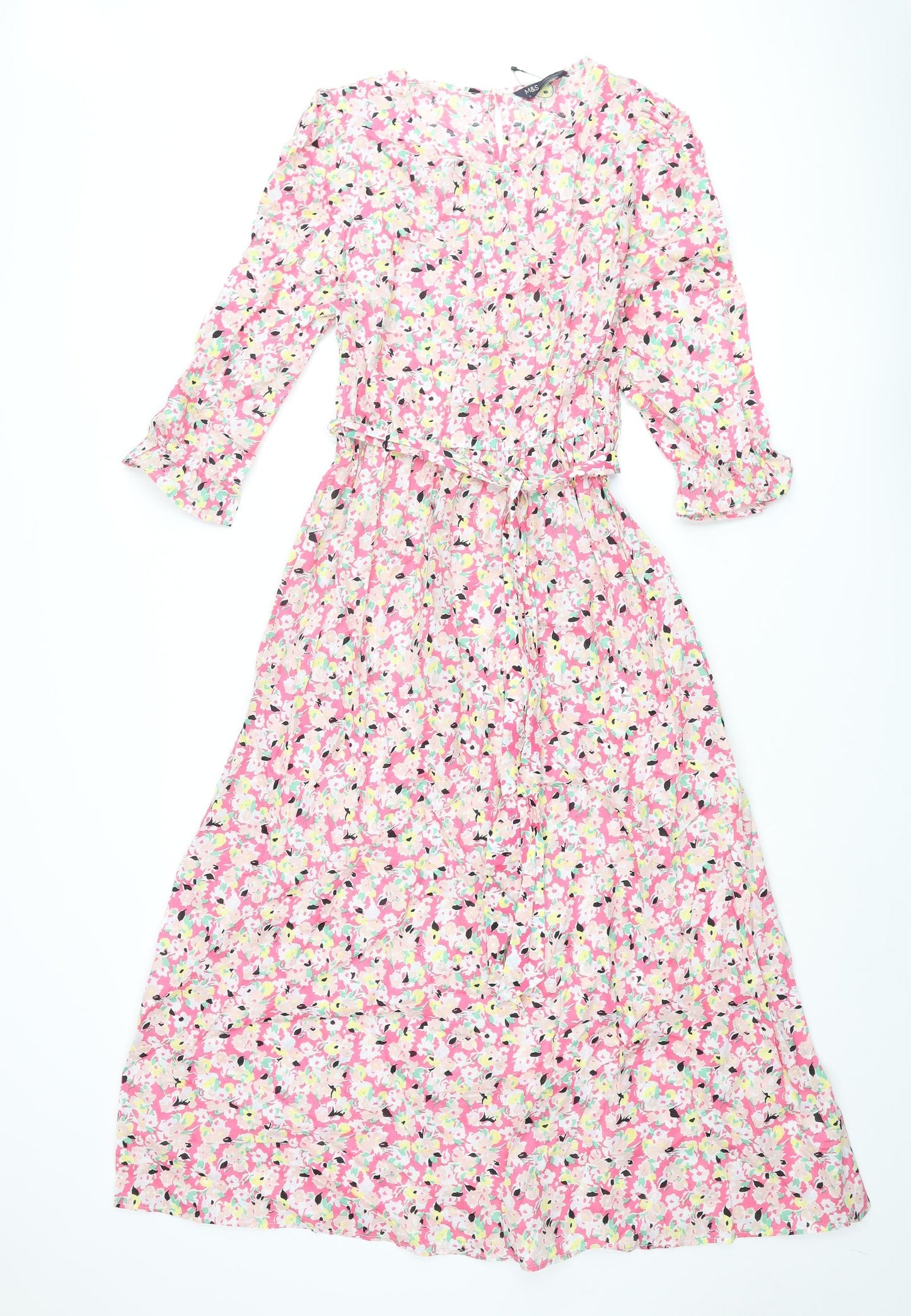 Marks and Spencer Womens Multicoloured Floral Cotton A-Line Size 8 Round Neck Button - Belted