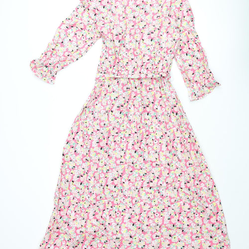Marks and Spencer Womens Multicoloured Floral Cotton A-Line Size 8 Round Neck Button - Belted